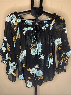 Black Floral Off-Shoulder sheer Blouse with Blue & Yellow Flowers